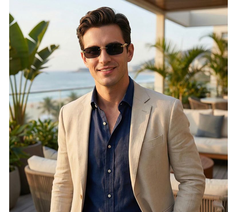 Óculos Masculino Cartier – Armação Dourada Sem Aro com Detalhe Jaguar