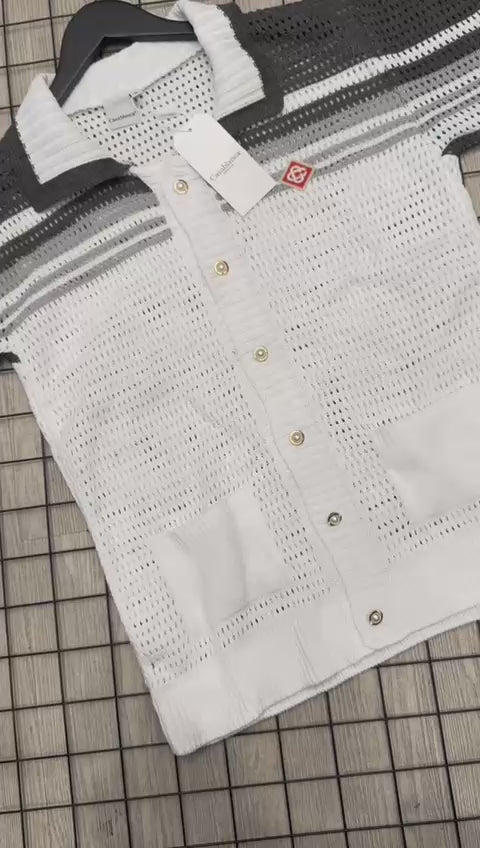 Conjunto Casablanca branco com listras cinza em crochê. Limitado.